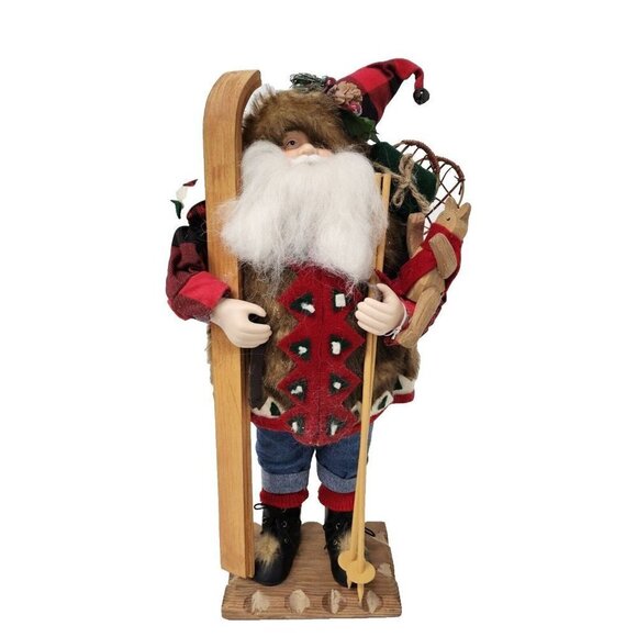 Vintage Santa Claus Figurine With Skis And Snow Shoes Wood Base Christmas Decor